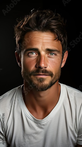 Close up portrait of smiling handsome man in white t-shirt looking at camera, on background. Man face portrait illustration. Generative AI
