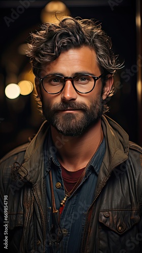 Close up portrait of happy smiling bearded hipster man with eyeglasses and looking confident at the camera. Model portrait illustration. Generative AI