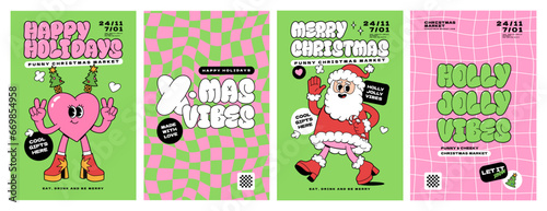 Merry Christmas groovy funny cartoon posters. Santa Claus and cute heart character in trendy funky retro cartoon style. Greeting cards, template, posters, prints and backgrounds.