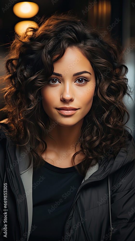 Close up face of young woman with beautiful smile on grey wall with copy space. Successful multiethnic girl. Latin woman looking at camera. Smile emotion illustration. Generative AI art Close up face of young woman with beautiful smile on grey wall with copy space. Successful multiethnic girl. Latin woman looking at camera. Smile emotion illustration. Generative AI art