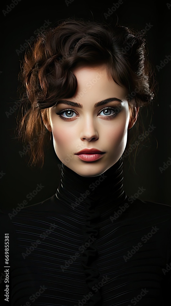Black and white fashion art studio portrait of beautiful elegant woman in black turtleneck. Hair is collected in high beam. Model illustration. Generative AI Black and white fashion art studio portrait of beautiful elegant woman in black turtleneck. Hair is collected in high beam. Model illustration. Generative AI
