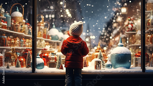 Children at a store window with New Year's toys in winter