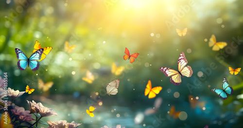 Enchanting capture of vibrant butterflies in flight, illuminated by soft sunrays. In a dreamy garden backdrop. Ideal for nature and fantasy themes. photo