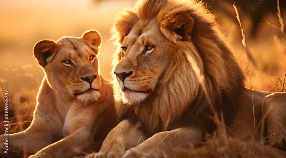 An intimate portrayal of a lion and lioness, emanating strength and unity, bathed in the soft, warm glow of the African sunset.