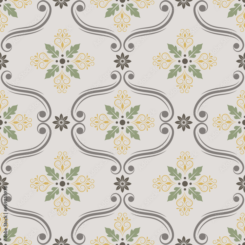 
Beautiful seamless pattern wallpaper design with decorative floral shapes on a beige background