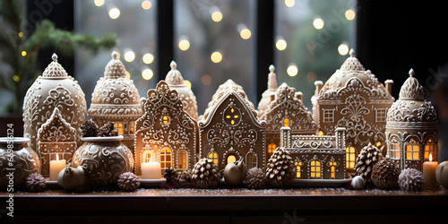 Enchanting Gingerbread Houses Amidst Twinkling Lights. Festive Gingerbread Cottages and Sparkling Lights © Maria