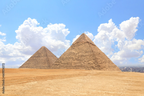 Famous Great Pyramids of Chephren and Cheops  Cairo  Egypt. Two of the three Great Pyramids  Giza pyramid complex  Giza Necropolis 