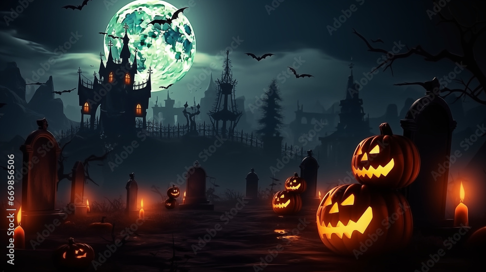 Halloween background with scary pumpkins candles in the graveyard at night with a castle dark background