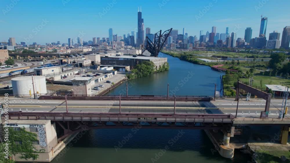 Drone Over Famous 18th Street Bridge Chicago Downtown Skyline Drone Over Famous 18th Street Bridge Chicago Downtown Skyline
