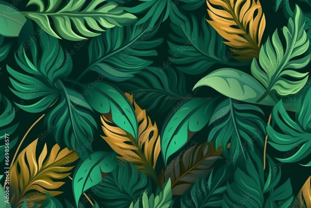 Background with tropical leaves and green floral pattern. Generative AI - obrazy, fototapety, plakaty 