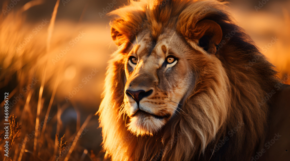 Close-up of a lion bathed in golden light, revealing details from its intense gaze to the rich texture of its mane against a sunlit savannah backdrop.
