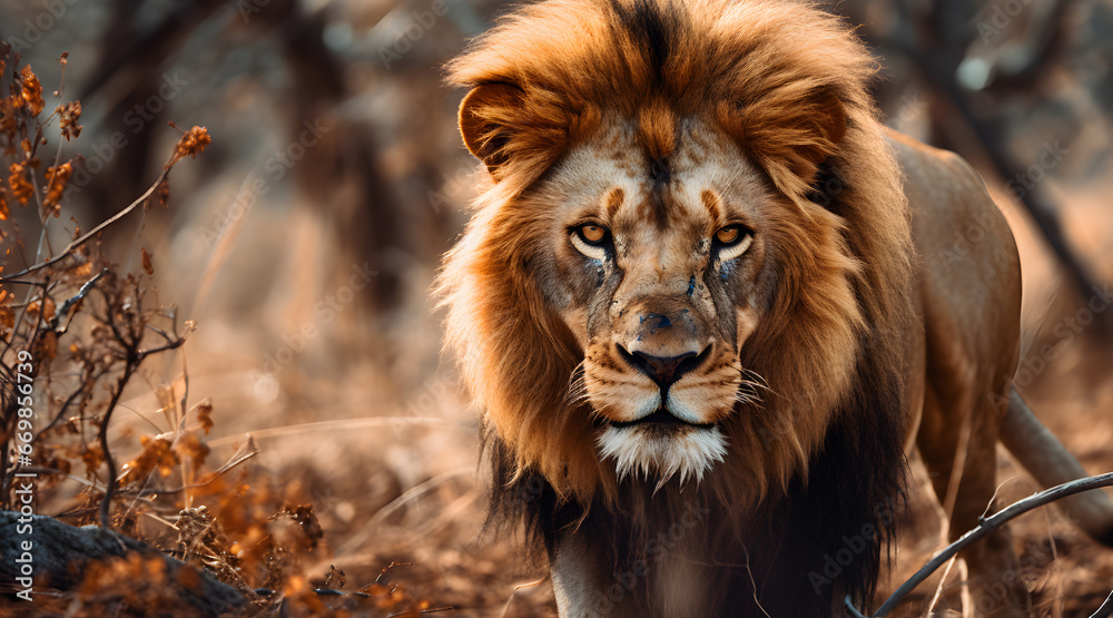 Fototapeta premium Close-up of a lion bathed in golden light, revealing details from its intense gaze to the rich texture of its mane against a sunlit savannah backdrop.