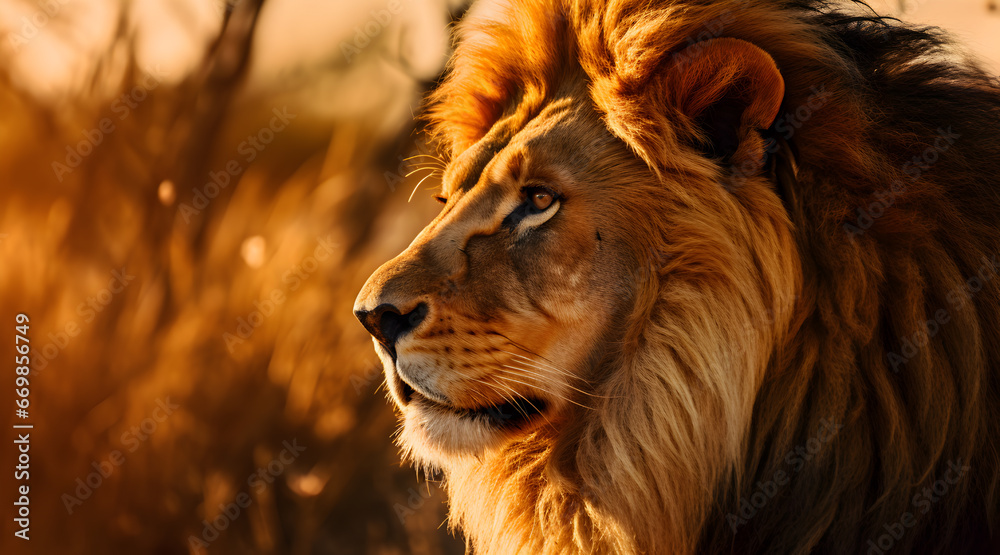 Fototapeta premium Close-up of a lion bathed in golden light, revealing details from its intense gaze to the rich texture of its mane against a sunlit savannah backdrop.
