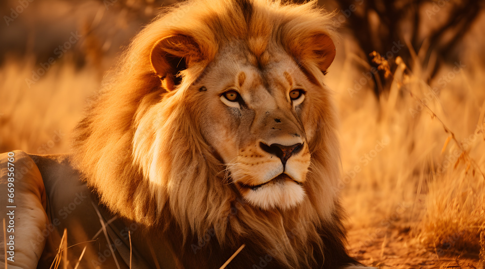 Close-up of a lion bathed in golden light, revealing details from its intense gaze to the rich texture of its mane against a sunlit savannah backdrop.