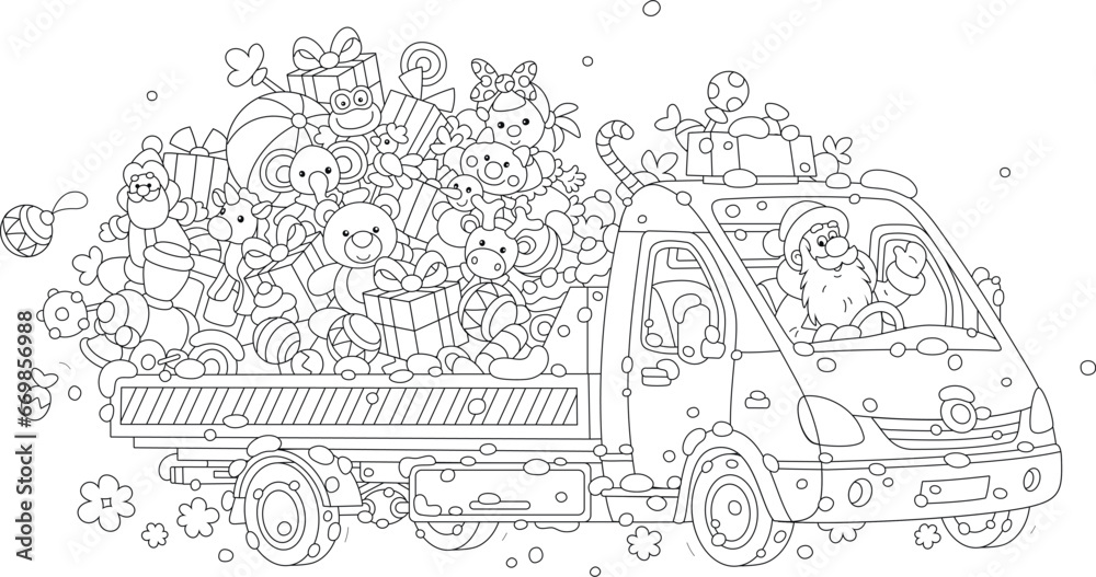 Happy Santa Claus driving his funny small truck full of gifts and sweets for merry winter holidays, black and white outline vector cartoon illustration for a coloring book