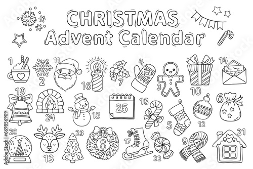 Xmas coloring advent calendar. Hand drawn vector poster with different Christmas symbols