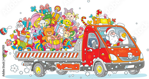 Happy Santa Claus driving his funny small truck full of gifts and sweets for merry winter holidays, vector cartoon illustration isolated on a white background