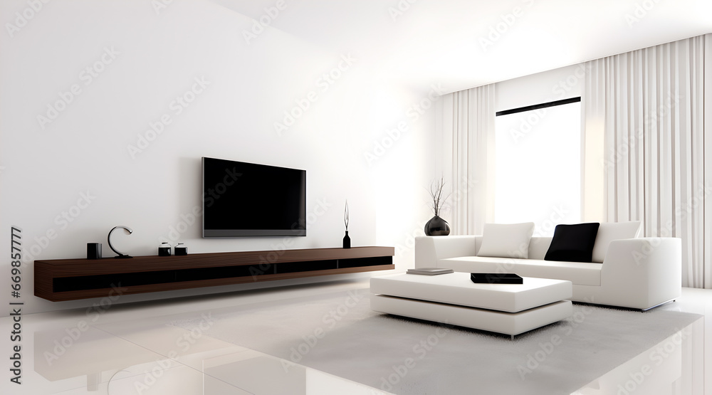 A modern minimalist bedroom with large windows and plenty of light. Featuring a tv with cabinet. Nicely arranged bed and wooden floor. A modern minimalist bedroom with large windows and plenty of light. Featuring a tv with cabinet. Nicely arranged bed and wooden floor.