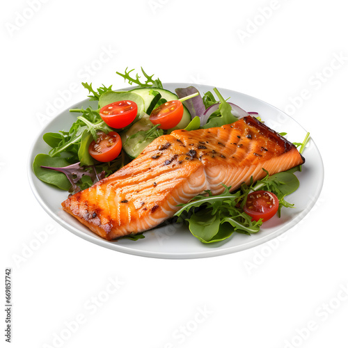 Plate of Grilled Salmon with Salad Isolated png