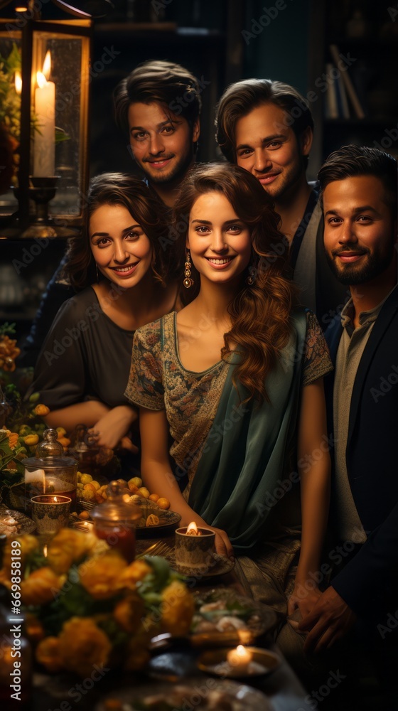 Wallpaper of Friends and Family Gathered Around a Lavishly Set Eid Table, Generative AI Wallpaper of Friends and Family Gathered Around a Lavishly Set Eid Table, Generative AI
