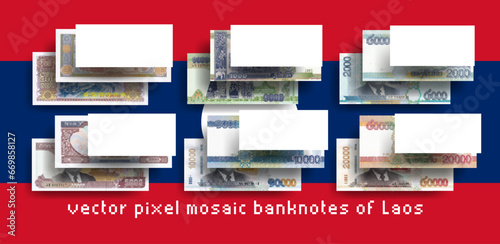 Vector set of pixel mosaic banknotes of Laos. Collection of bills in denominations of 500, 1000, 2000, 5000, 10000 and 20000 kip. Play money or flyers.