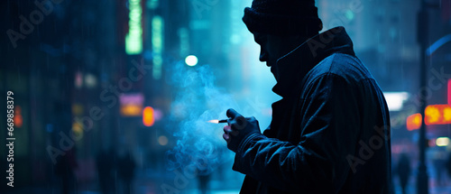 Primer plano extremo de la silueta de un hombre vestido con un abrigo largo fumando un cigarrillo, por la noche en Nueva York, luz azul. IA Generativa photo