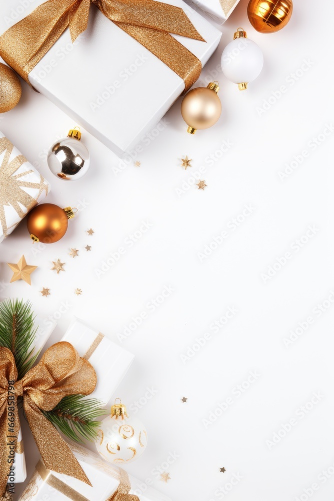 A festive image featuring a white table adorned with a variety of beautifully wrapped Christmas presents. Perfect for holiday-themed designs and advertising campaigns. A festive image featuring a white table adorned with a variety of beautifully wrapped Christmas presents. Perfect for holiday-themed designs and advertising campaigns.