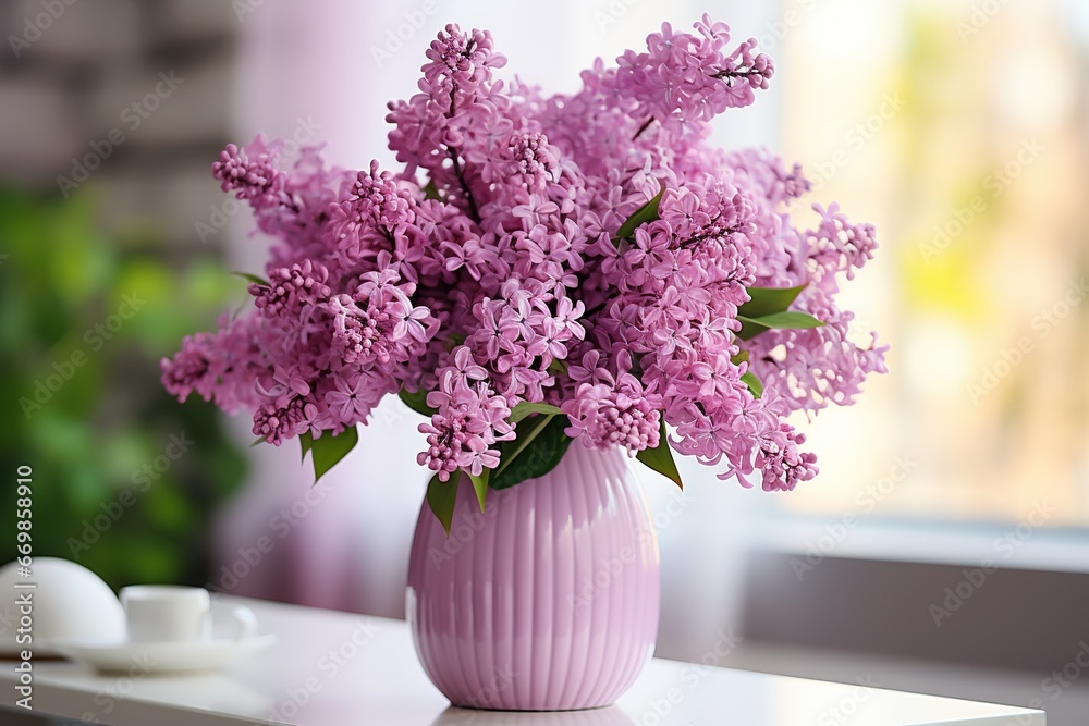 A bouquet of lilacs in a white vase on the kitchen table near a large window, a blurred background. Generated by artificial intelligence A bouquet of lilacs in a white vase on the kitchen table near a large window, a blurred background. Generated by artificial intelligence