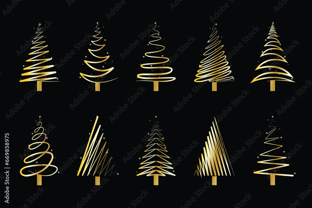 Collection of hand drawn flat Christmas trees. Vector illustration. - obrazy, fototapety, plakaty 