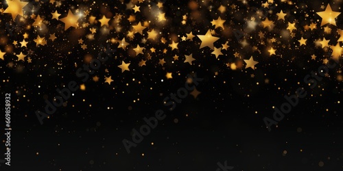 A striking image featuring a black background adorned with shimmering gold stars. Perfect for adding a touch of elegance and sparkle to any design project. photo