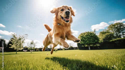 happy golden retriever jumping on the lawn at a sunny day