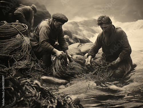 Fishermen Mending Nets During Victorian Era
