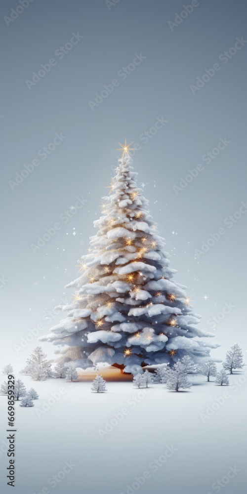 A snow-covered Christmas tree with a shining star on top. Perfect for holiday decorations and festive celebrations.