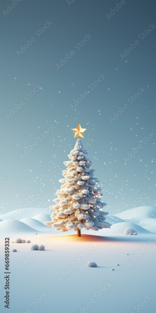 A picture of a snow-covered Christmas tree with a star on top. This image can be used to depict a festive holiday atmosphere.