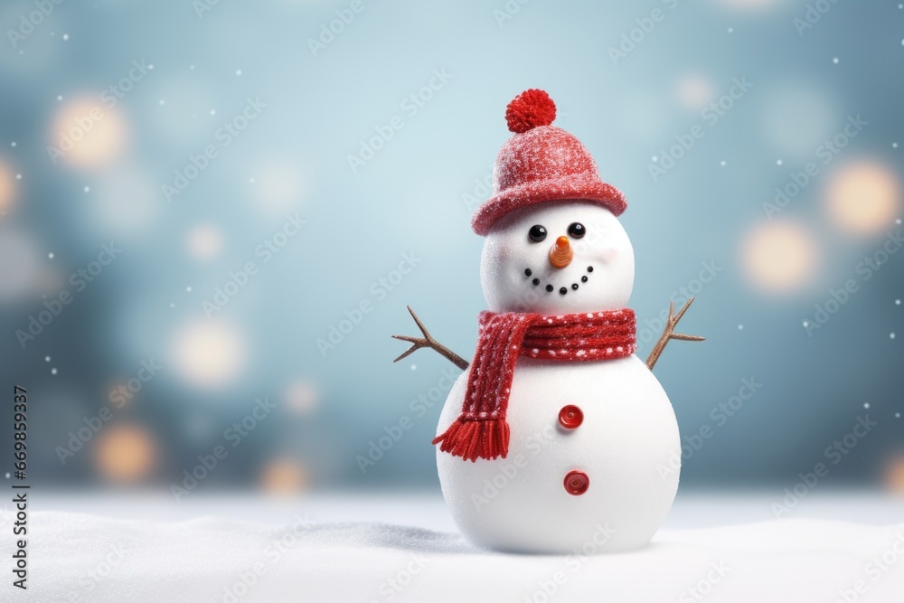 A snowman wearing a red hat and scarf. This image can be used to depict winter, Christmas, or holiday themes.