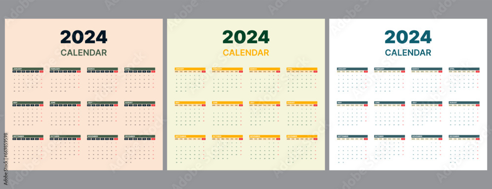2024 calendar vector design set with vintage color