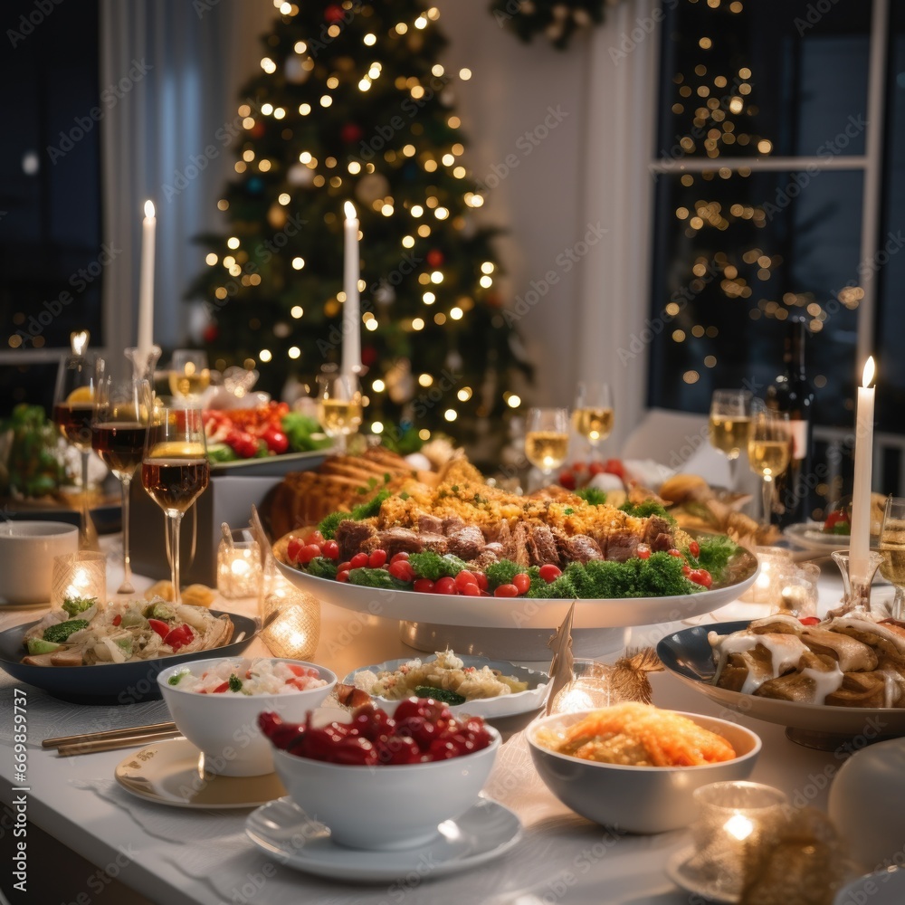 A festive scene with a table filled with plates of food next to a beautifully decorated Christmas tree. Perfect for holiday gatherings and celebrations A festive scene with a table filled with plates of food next to a beautifully decorated Christmas tree. Perfect for holiday gatherings and celebrations