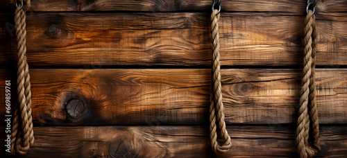 ship rope at wooden background, plank board texture Beautiful brown wood texture with heavy ropes, image can be used as a background for your design .AI Generative