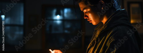 Young mobile phone addict man awake at night using smartphone for chatting  flirting and sending text message.