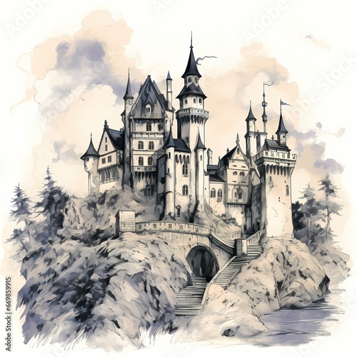 Europe style castle in rough hand drawn style using black ink on white paper photo