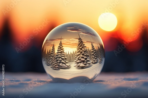 A snow globe sits on top of a snow covered ground. This image can be used to depict winter  holiday decorations  or seasonal themes