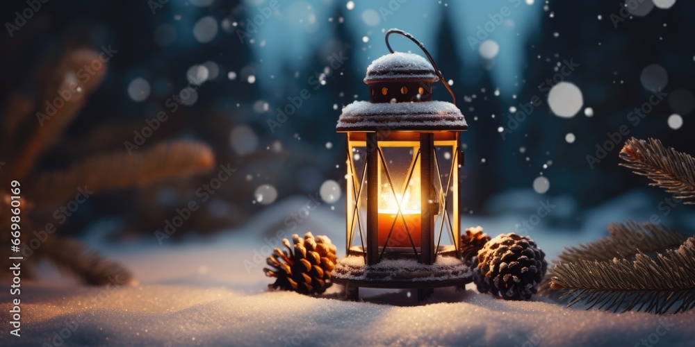 A lantern illuminating the snowy scene with pine cones. Perfect for winter-themed designs and holiday projects A lantern illuminating the snowy scene with pine cones. Perfect for winter-themed designs and holiday projects