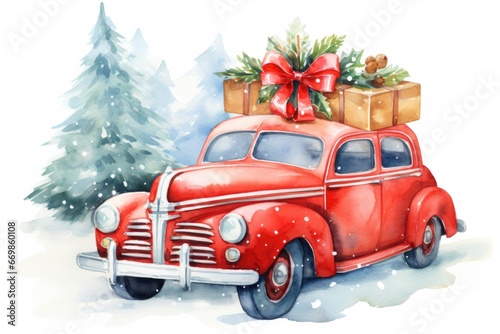 A vibrant watercolor painting of a red car with presents stacked on top. Perfect for Christmas and holiday-themed designs © Fotograf