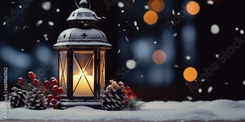 A picture of a lantern with a lit candle placed in the snow. This image can be used to create a cozy winter ambiance or to symbolize warmth and illumination in cold weather settings