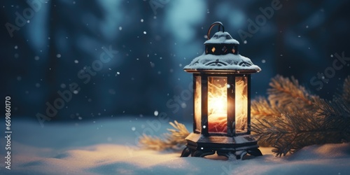 A lit lantern in the snow with a pine tree in the background. This picture can be used to depict winter landscapes and holiday decorations
