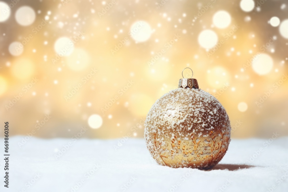 A beautiful golden Christmas ornament resting on a snowy ground. Perfect for adding a touch of elegance to holiday-themed designs and decorations A beautiful golden Christmas ornament resting on a snowy ground. Perfect for adding a touch of elegance to holiday-themed designs and decorations