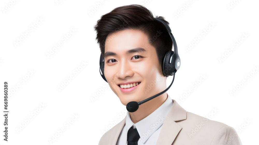 Asian young man call center ready to work Asian young man call center ready to work