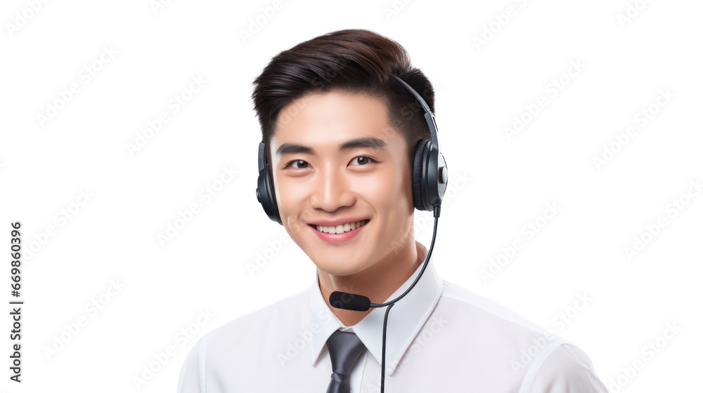 Asian young man call center ready to work Asian young man call center ready to work