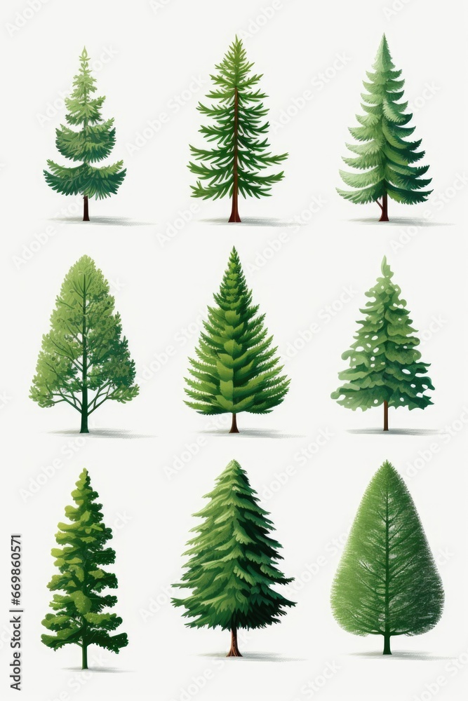 A collection of nine unique and distinct trees. Perfect for adding variety and natural beauty to any project or design A collection of nine unique and distinct trees. Perfect for adding variety and natural beauty to any project or design