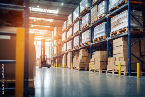 Retail warehouse full of shelves with goods. Blurred background